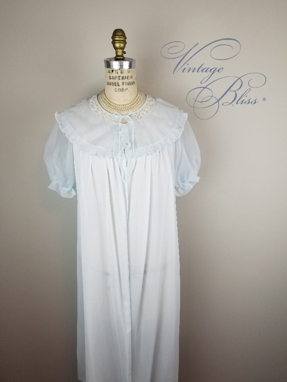 Vintage 1950's Pale Blue Ruffle Trimmed Sheer Peignoir Robe by Luxite Kayser S/M
